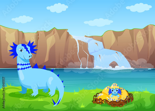 Happy mother dinosaur with hatching from egg baby. Cartoon baby dino sitting in nest flat vector illustration. Waterfall and mountains in background. Breed  nature  animals concept.