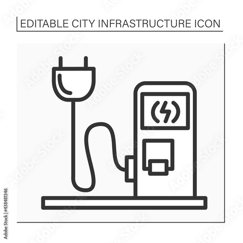Charging station line icon. Electrical vehicles recharging point. Electricity pump with plug and cord. Innovative urban infrastructure concept. Isolated vector illustrations. Editable stroke