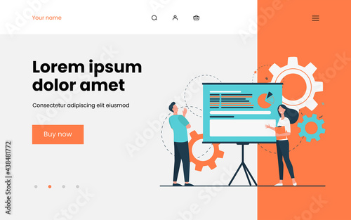 Two colleagues analyzing work together. Chart, presentation, gear flat vector illustration. Analytics and statistics concept for banner, website design or landing web page