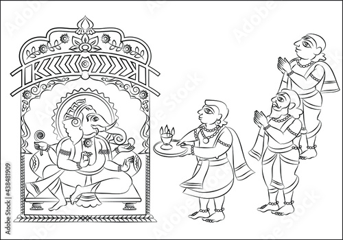 Phad is Indian folk art. The paintings made for storytelling, paintings narrated stories of local deities and rulers. This story is about Lord Ganesha, for textile printing, logo, wallpaper