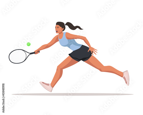 Female tennis player runs to hit the ball with a racket isolated on transparent background. © Alisa