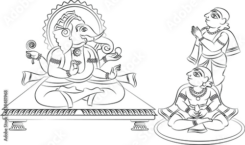 Phad is Indian folk art. The paintings made for storytelling, paintings narrated stories of local deities and rulers. This story is about Lord Ganesha, for textile printing, logo, wallpaper