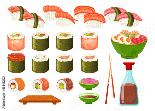 Set of different types of sushi and rolls cartoon illustration. Nigiri, soy sauce, chopsticks, sashimi, uramaki, gunkan sushi with eel, ikura, noodle soup vector picture. Japanese food concept.