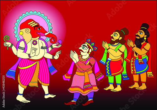 Phad is Indian folk art. The paintings made for storytelling, paintings narrated stories of local deities and rulers. This story is about Lord Ganesha, for textile printing, logo, wallpaper