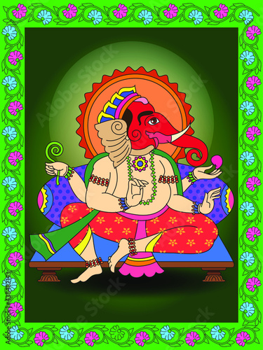 Phad is Indian folk art. The paintings made for storytelling, paintings narrated stories of local deities and rulers. This story is about Lord Ganesha, for textile printing, logo, wallpaper