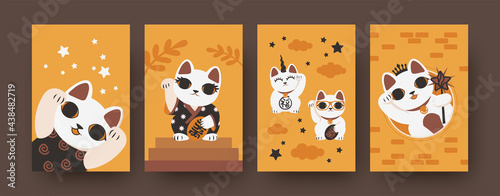 Set of Japanese cats illustrations in modern style. Vector collection of maneki neko isolated on orange background. Cute traditional souvenirs. Waving, smiling. Souvenirs concept for banners, website