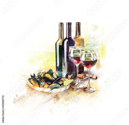 Bottles and wine glasses with seafood
