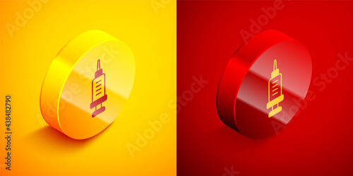 Isometric Addiction to the drug icon isolated on orange and red background. Heroin, narcotic, addiction, illegal. Sick junkie with a syringe and medical pills. Circle button. Vector