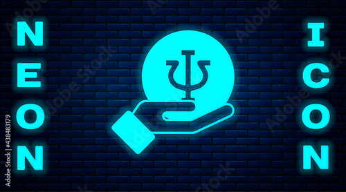 Glowing neon Psychology icon isolated on brick wall background. Psi symbol. Mental health concept, psychoanalysis analysis and psychotherapy. Vector