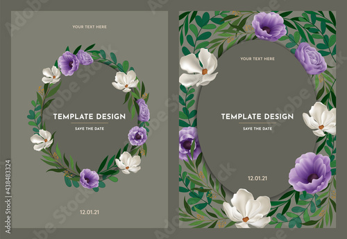 Elegant invitation card templates with realistic purple floral. Vector layout ornament design for Art traditional, magazine, book, poster