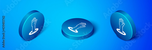 Isometric Helping hand icon isolated on blue background. Blue circle button. Vector