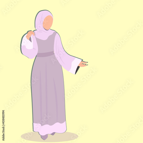 Arabic muslim woman in hijab and traditional fashion Abaya from UAE or Saudi Arabia, carries a luxury hand bag, going for shopping. Islamic clothes, faceless model vector illustration