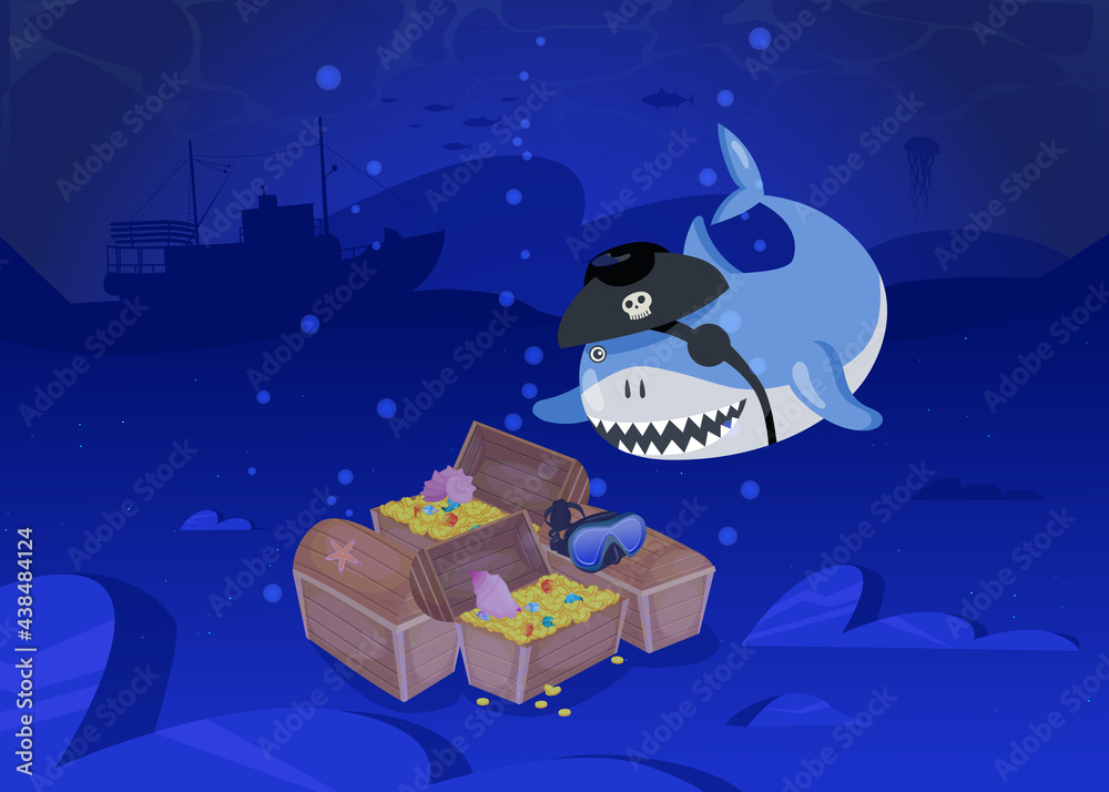 Naklejka premium Shark pirate swimming to treasures cartoon vector illustration. Cute shark with eye patch finding gold coins, stones, jewelry on ocean bottom. Fantasy, ocean, wild animal, nature, treasure concept