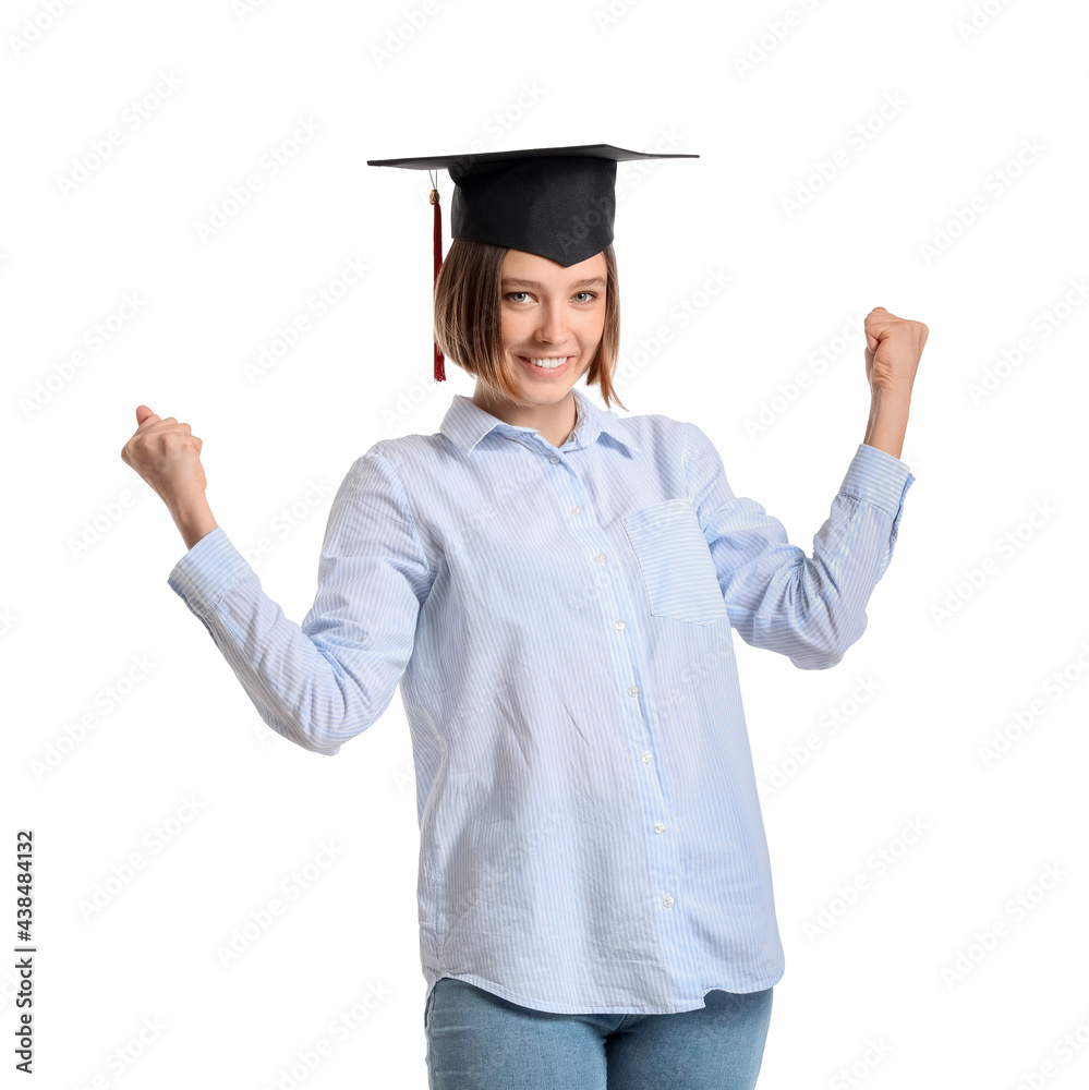 Happy female graduating student on white background Happy female graduating student on white background