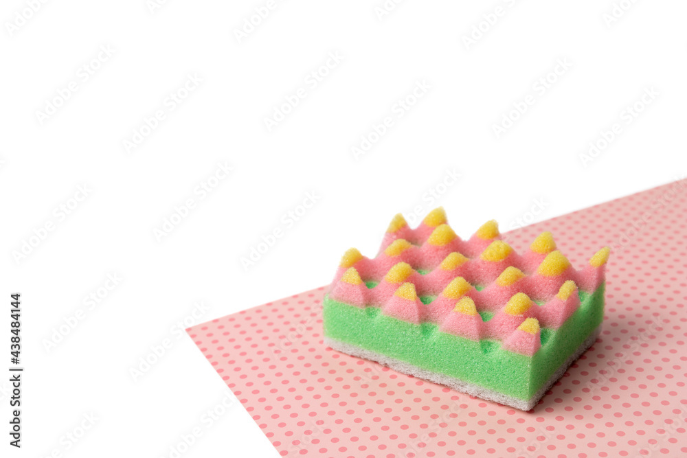 Minimal creative composition with sponge for dishwashing on white background Minimal creative composition with sponge for dishwashing on white background