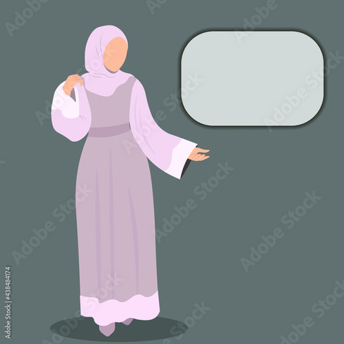 Arabic muslim woman in hijab and traditional fashion Abaya from UAE or Saudi Arabia, carries a luxury hand bag, going for shopping. Islamic clothes, faceless model vector illustration