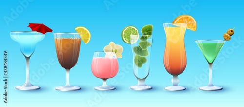 Drinks. Summer cocktails. Abstract vector illustration of a set of glass glasses with summer drinks on a blue background. A blank for creativity.