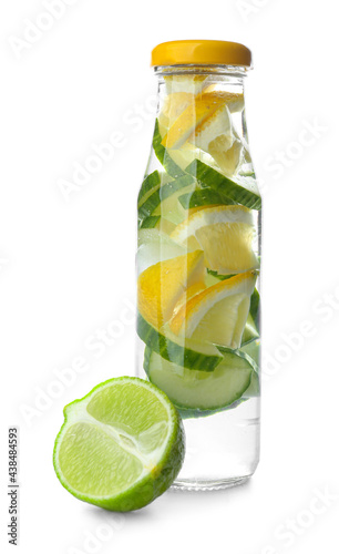 Bottle with cucumber lemonade on white background