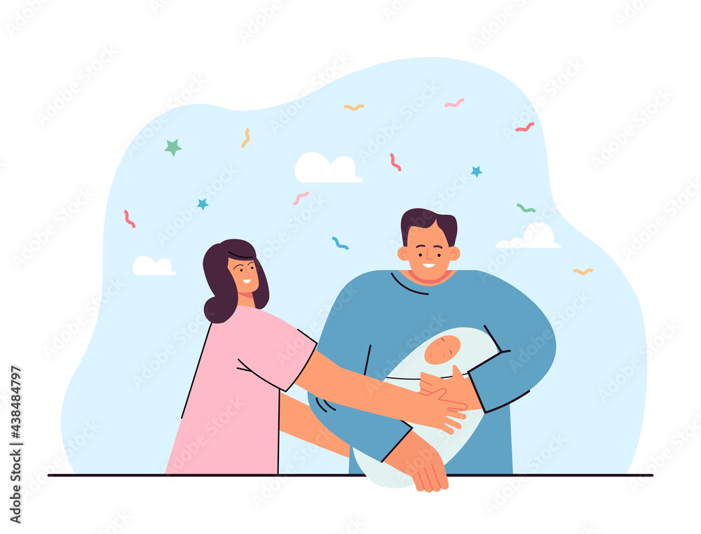 Obraz premium Wife giving newborn baby to her husband flat vector illustration. Happy couple after maternity hospital celebrating birth of child. Parenthood, family, birthday concept