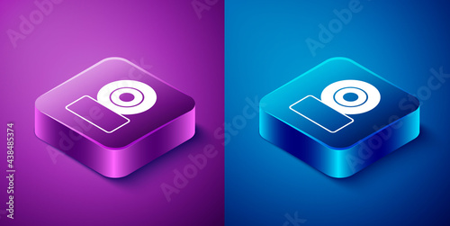 Isometric Skateboard wheel icon isolated on blue and purple background. Skate wheel. Square button. Vector