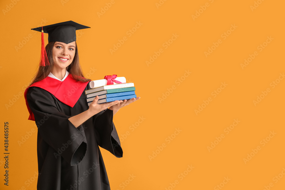 Female graduating student with diploma and books on color background Female graduating student with diploma and books on color background