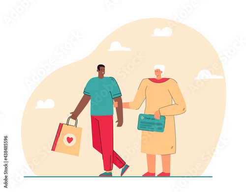 Grandmother holding credit card and grandson purchase package. Old woman walking with child after shopping flat vector illustration. Family, technology, progress concept