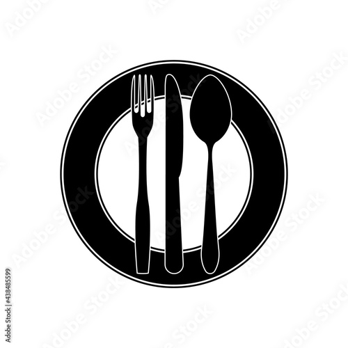 Plate fork knife spoon in black and white on a white background.