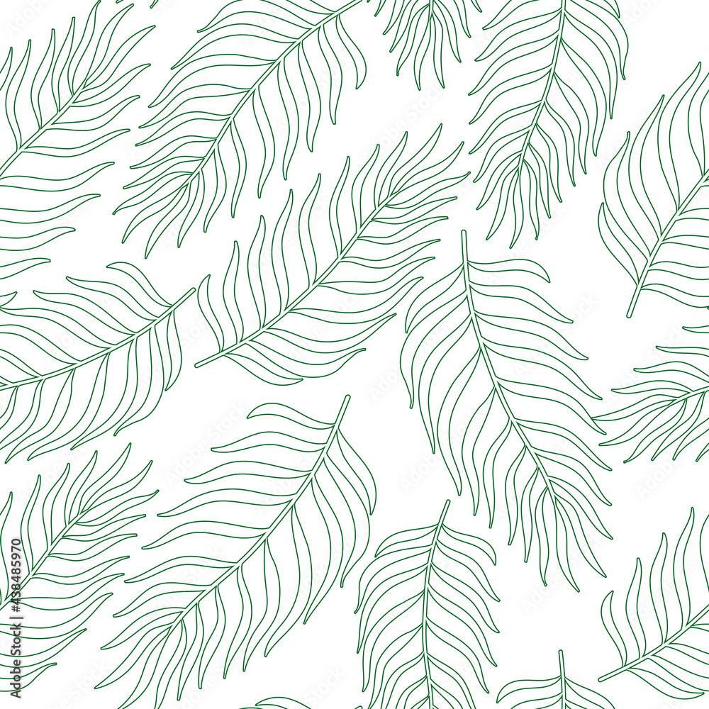 Silhuette of tropical palm leaves seamless pattern. Line art. Blue plants on white background