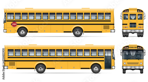 School bus vector mockup. Isolated template of schoolbus on white for vehicle branding, corporate identity. View from side, front, back. All elements in the groups on separate layers for easy editing
