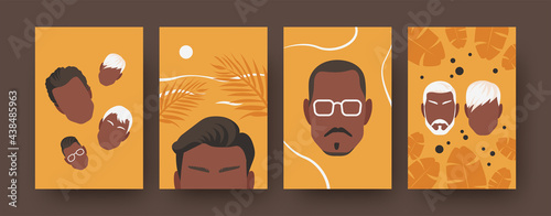 Set of modern illustrations of male haircuts. Colorful collection of male heads isolated on orange background. Dark and white haired, glasses, leaves, moustache. Fashion concept for banners