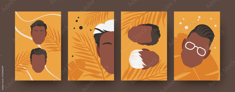 Colorful collection of male haircuts. Vector set of male heads isolated on orange background. Dark and white haired, glasses, leaves, moustache. Fashion concept for banners, website design