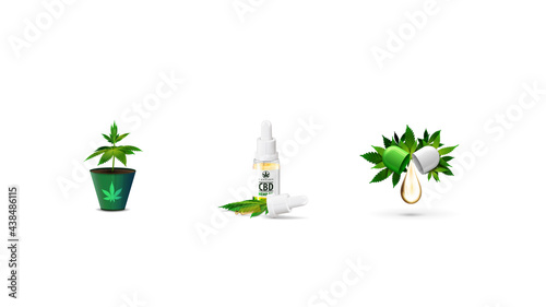 Set of volumetric cannabis icons isolated on white background. Cannabis sprout in a pot, CBD oil and CBD pilule