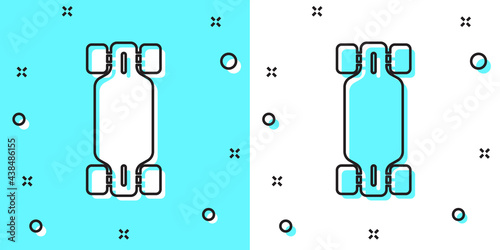 Black line Longboard or skateboard cruiser icon isolated on green and white background. Extreme sport. Sport equipment. Random dynamic shapes. Vector