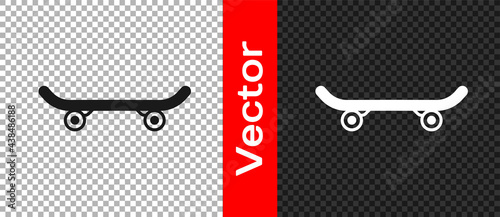 Black Skateboard icon isolated on transparent background. Extreme sport. Sport equipment. Vector