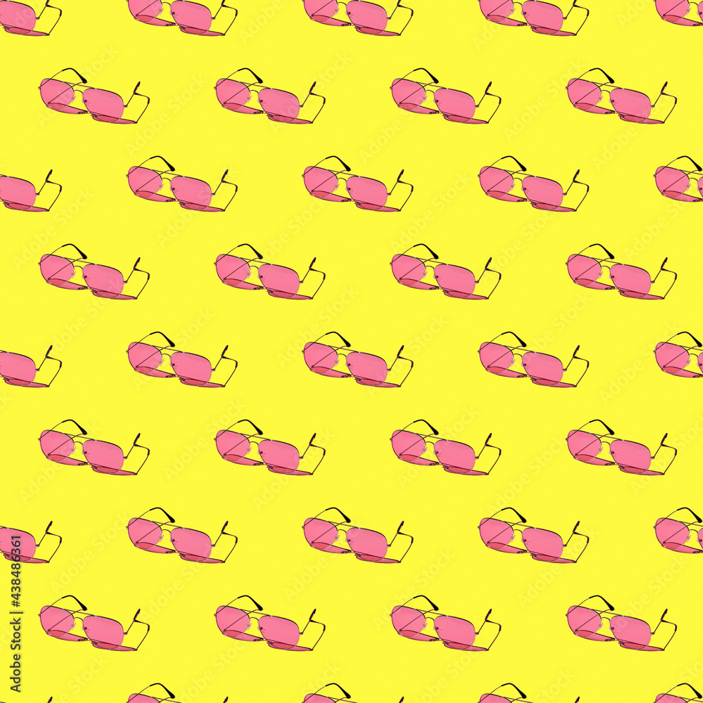 seamless looping pattern with pink sunglasses on a yellow background. hard shadows from the sun at noon. leisure, travel and entertainment concept with copy space