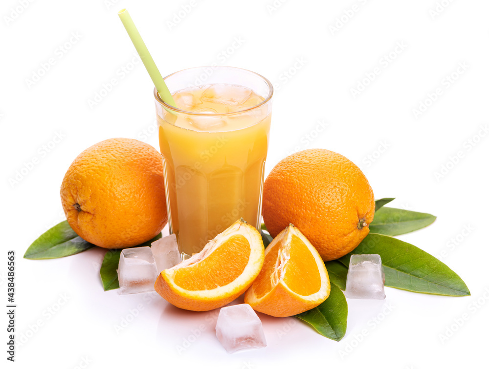 Orange juice in a glass with a straw, oranges and an ice cube. Isolate on white background