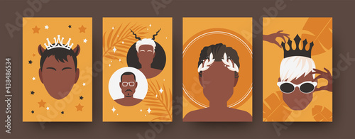 Colorful collection of art posters with male haircuts. Modern collection of male heads isolated on orange background. Glasses, crowns and fashionable hairdos. Fashion concept for website design