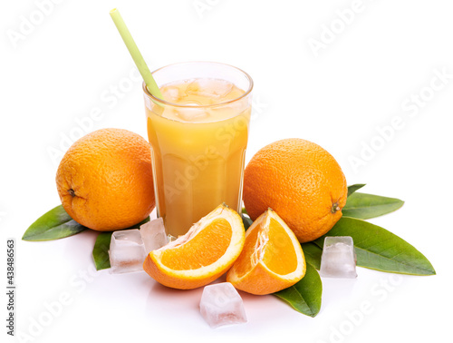 Obraz na płótnie Orange juice in a glass with a straw, oranges and an ice cube. Isolate on white background w salonie