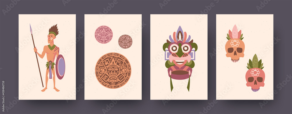 Ethnic illustration set of Inca Empire elements in pastel style. Warlike man in traditional clothes with spear, coins, tribal mask, skulls. Cultural and historical concept for banner designs.