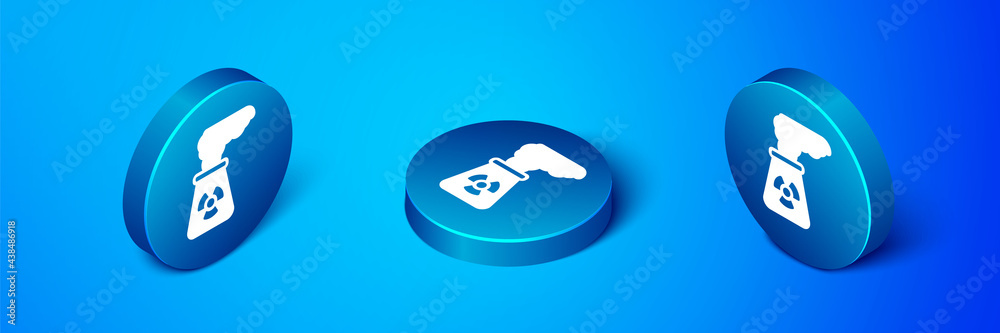 Isometric Nuclear power plant icon isolated on blue background. Energy industrial concept. Blue circle button. Vector Isometric Nuclear power plant icon isolated on blue background. Energy industrial concept. Blue circle button. Vector