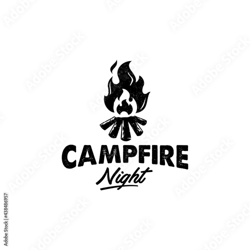 Camp fire flame vintage retro silhouette logo design, Bonfire camping adventure concept rustic Illustration