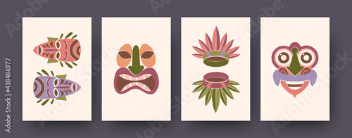 Bright collection of posters with ritual elements. Crowns of leaves and scary masks. Culture, history, religion concept for banner, flyer designs