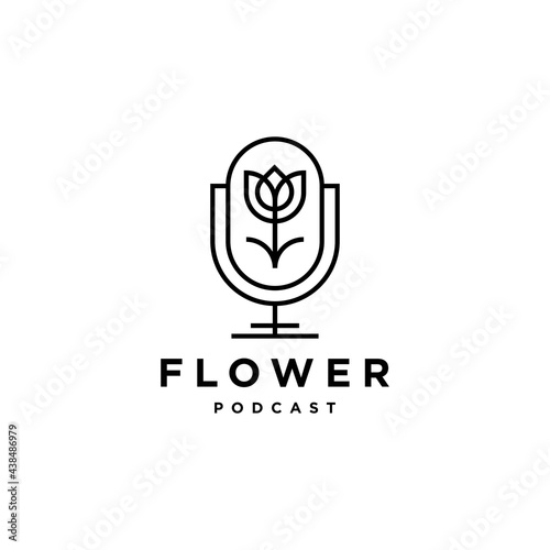 mic rose flower logo icon design concept of florist podcast in trendy line outline vector 