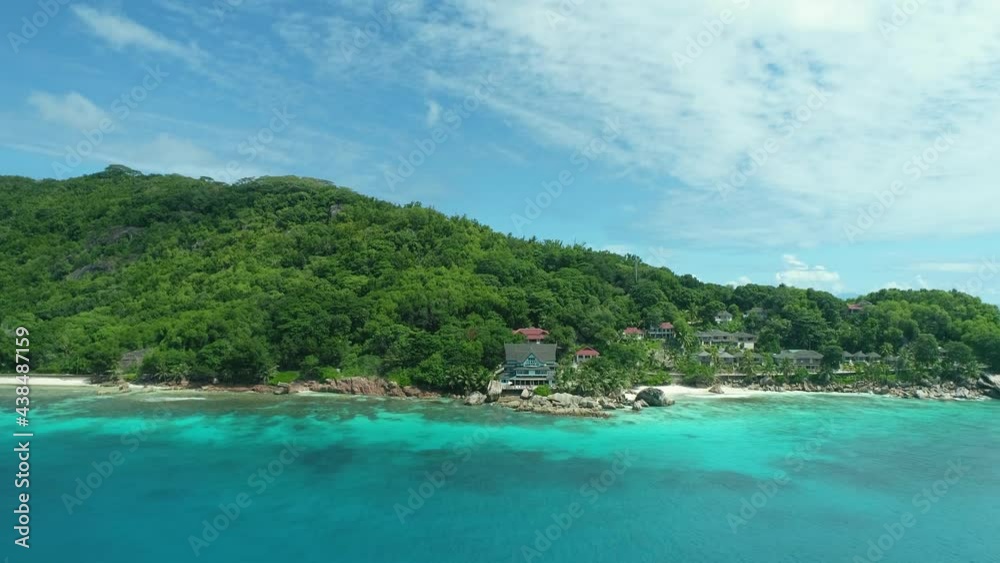 Seychelles, 01.05.2021. Drone video of the Patatran Village Hotel on La Digue Island, SEYCHELLES. Seychelles, 01.05.2021. Drone video of the Patatran Village Hotel on La Digue Island, SEYCHELLES.