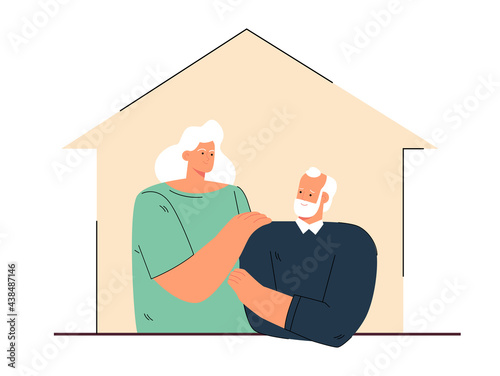 Elderly couple at home vector illustration. White-headed man and woman together, looking at each other with love and care. Family life concept for banner, website design or landing web page