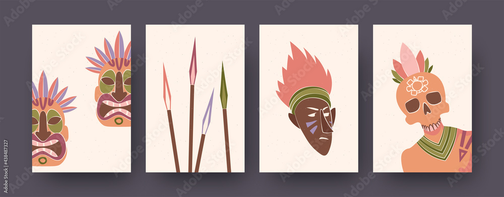 Set of tribal illustrations in pastel colors. Scary masks, skull, spears. Culture, religion, ancient history, tribe concept for banner, poster designs