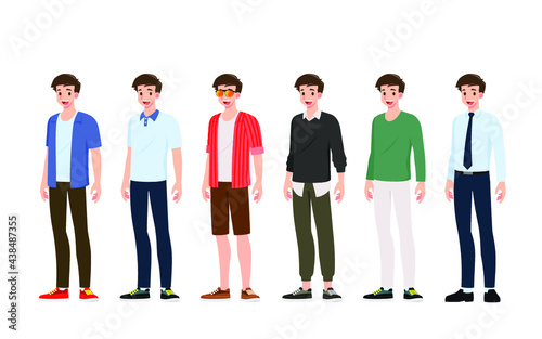 Collection of smiling handsome young man in different fashionable clothes style standing isolated on white background. Set of guys wearing various trendy of teenager street wear outfits apparel .