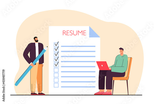 Man applying for job vector illustration. Male with pencil ticking points in resume, another man with laptop, interviewing him online. Job search concept for banner, website design or landing page