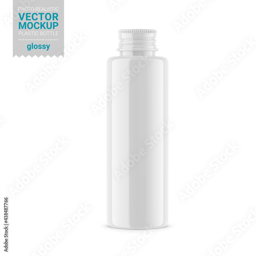 White glossy plastic bottle mockup. Vector illustration.