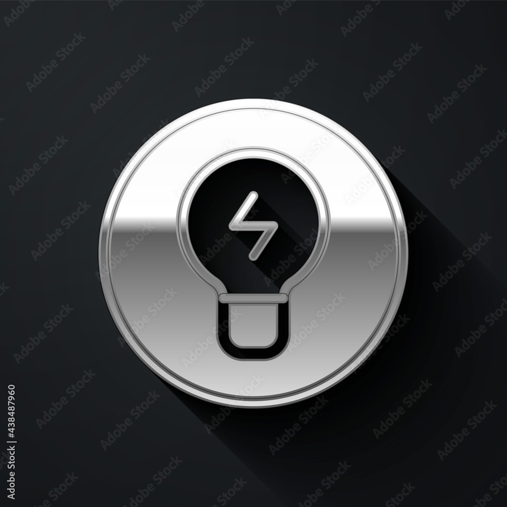 Silver Light bulb with concept of idea icon isolated on black background. Energy and idea symbol. Inspiration concept. Long shadow style. Vector Silver Light bulb with concept of idea icon isolated on black background. Energy and idea symbol. Inspiration concept. Long shadow style. Vector